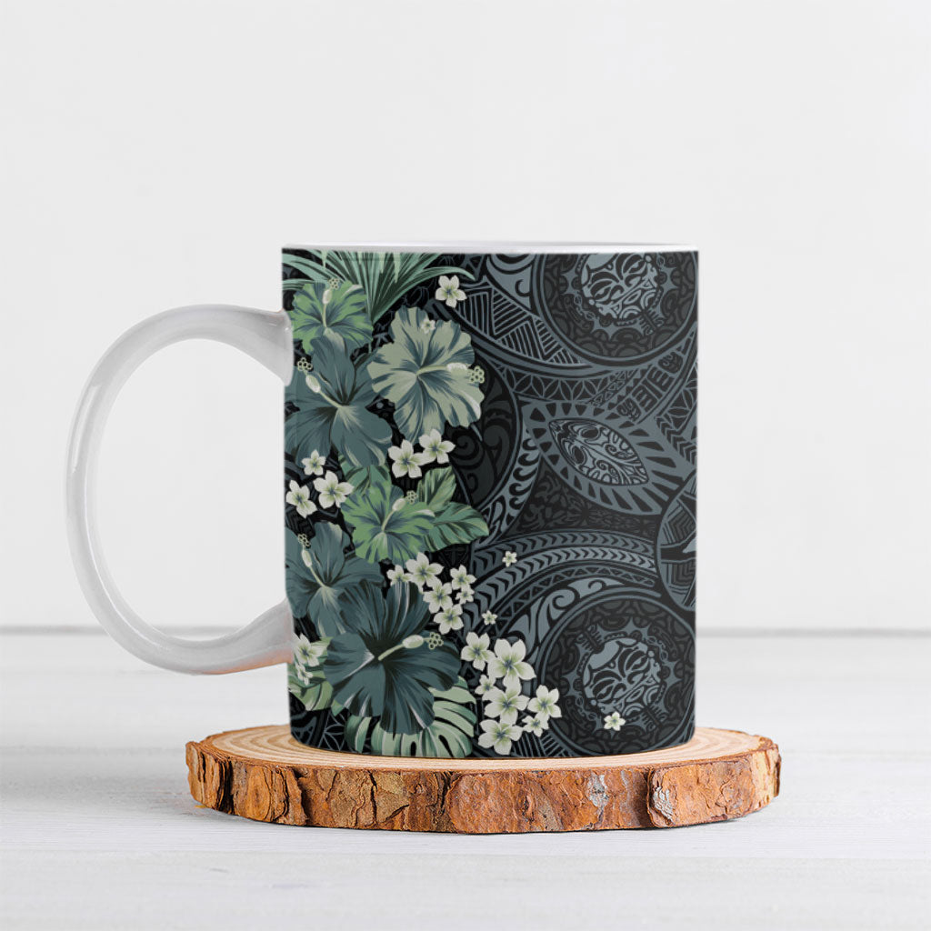 Pauliuli Hawai'i Hibiscus Ceramic Mug Polynesian Tribal Tattoo Pattern Floral Elements LT9 Charcoal Blue - Polynesian Pride