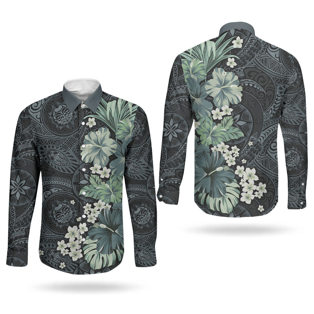 Pauliuli Hawai'i Hibiscus Couples Matching Long Sleeve Bodycon Dress and Long Sleeve Button Shirt Polynesian Tribal Tattoo Pattern Floral Elements LT9 - Polynesian Pride