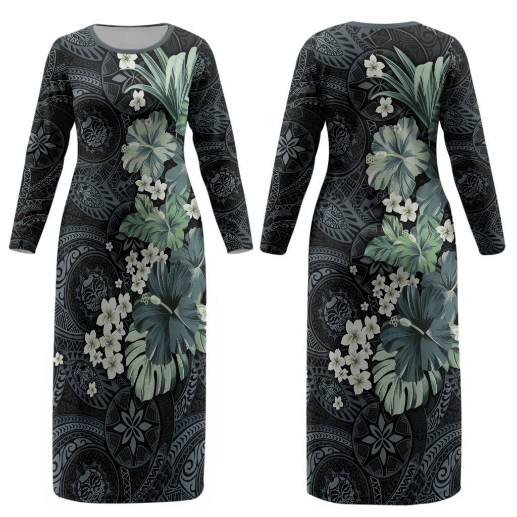 Pauliuli Hawai'i Hibiscus Couples Matching Long Sleeve Bodycon Dress and Long Sleeve Button Shirt Polynesian Tribal Tattoo Pattern Floral Elements LT9 - Polynesian Pride
