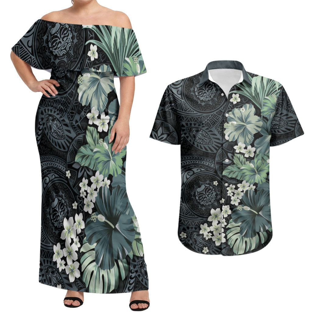 Pauliuli Hawai'i Hibiscus Couples Matching Off Shoulder Maxi Dress and Hawaiian Shirt Polynesian Tribal Tattoo Pattern Floral Elements