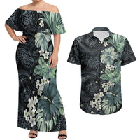 Pauliuli Hawai'i Hibiscus Couples Matching Off Shoulder Maxi Dress and Hawaiian Shirt Polynesian Tribal Tattoo Pattern Floral Elements