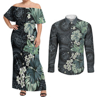 Pauliuli Hawai'i Hibiscus Couples Matching Off Shoulder Maxi Dress and Long Sleeve Button Shirt Polynesian Tribal Tattoo Pattern Floral Elements LT9 Charcoal Blue - Polynesian Pride