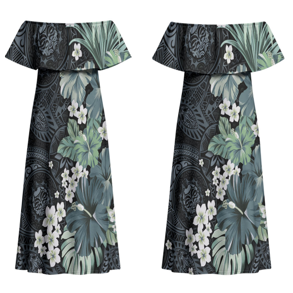 Pauliuli Hawai'i Hibiscus Couples Matching Off Shoulder Maxi Dress and Long Sleeve Button Shirt Polynesian Tribal Tattoo Pattern Floral Elements LT9 - Polynesian Pride