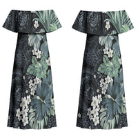 Pauliuli Hawai'i Hibiscus Couples Matching Off Shoulder Maxi Dress and Long Sleeve Button Shirt Polynesian Tribal Tattoo Pattern Floral Elements LT9 - Polynesian Pride