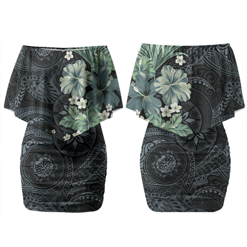 Pauliuli Hawai'i Hibiscus Couples Matching Off Shoulder Short Dress and Hawaiian Shirt Polynesian Tribal Tattoo Pattern Floral Elements