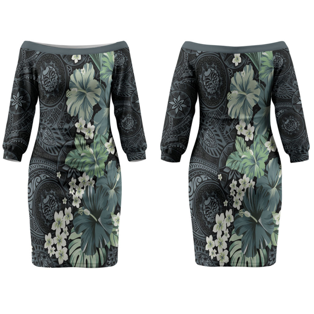 Pauliuli Hawai'i Hibiscus Couples Matching Off The Shoulder Long Sleeve Dress and Hawaiian Shirt Polynesian Tribal Tattoo Pattern Floral Elements LT9 - Polynesian Pride