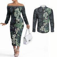 Pauliuli Hawai'i Hibiscus Couples Matching Off The Shoulder Long Sleeve Dress and Long Sleeve Button Shirt Polynesian Tribal Tattoo Pattern Floral Elements