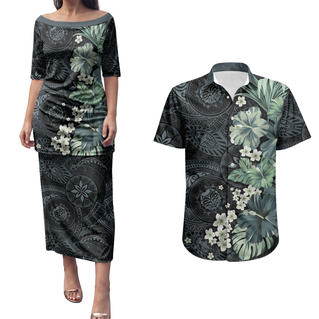 Pauliuli Hawai'i Hibiscus Couples Matching Puletasi and Hawaiian Shirt Polynesian Tribal Tattoo Pattern Floral Elements LT9 Charcoal Blue - Polynesian Pride