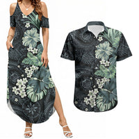 Pauliuli Hawai'i Hibiscus Couples Matching Summer Maxi Dress and Hawaiian Shirt Polynesian Tribal Tattoo Pattern Floral Elements LT9 Charcoal Blue - Polynesian Pride