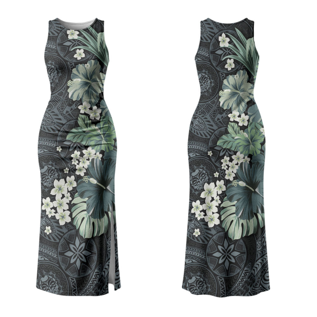 Pauliuli Hawai'i Hibiscus Couples Matching Tank Maxi Dress and Hawaiian Shirt Polynesian Tribal Tattoo Pattern Floral Elements