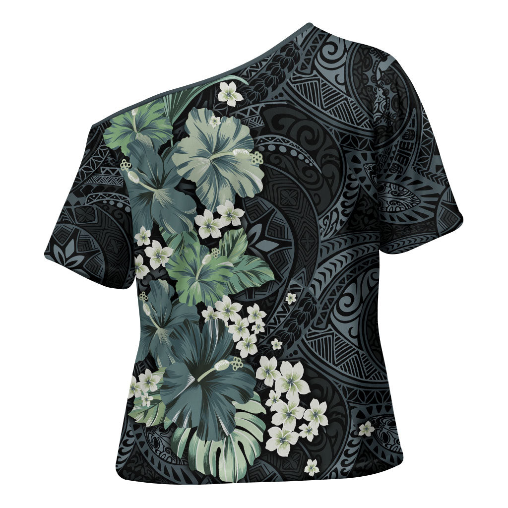 Pauliuli Hawai'i Hibiscus Cross Shoulder Shirt Polynesian Tribal Tattoo Pattern Floral Elements