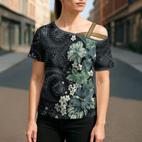 Pauliuli Hawai'i Hibiscus Cross Shoulder Shirt Polynesian Tribal Tattoo Pattern Floral Elements
