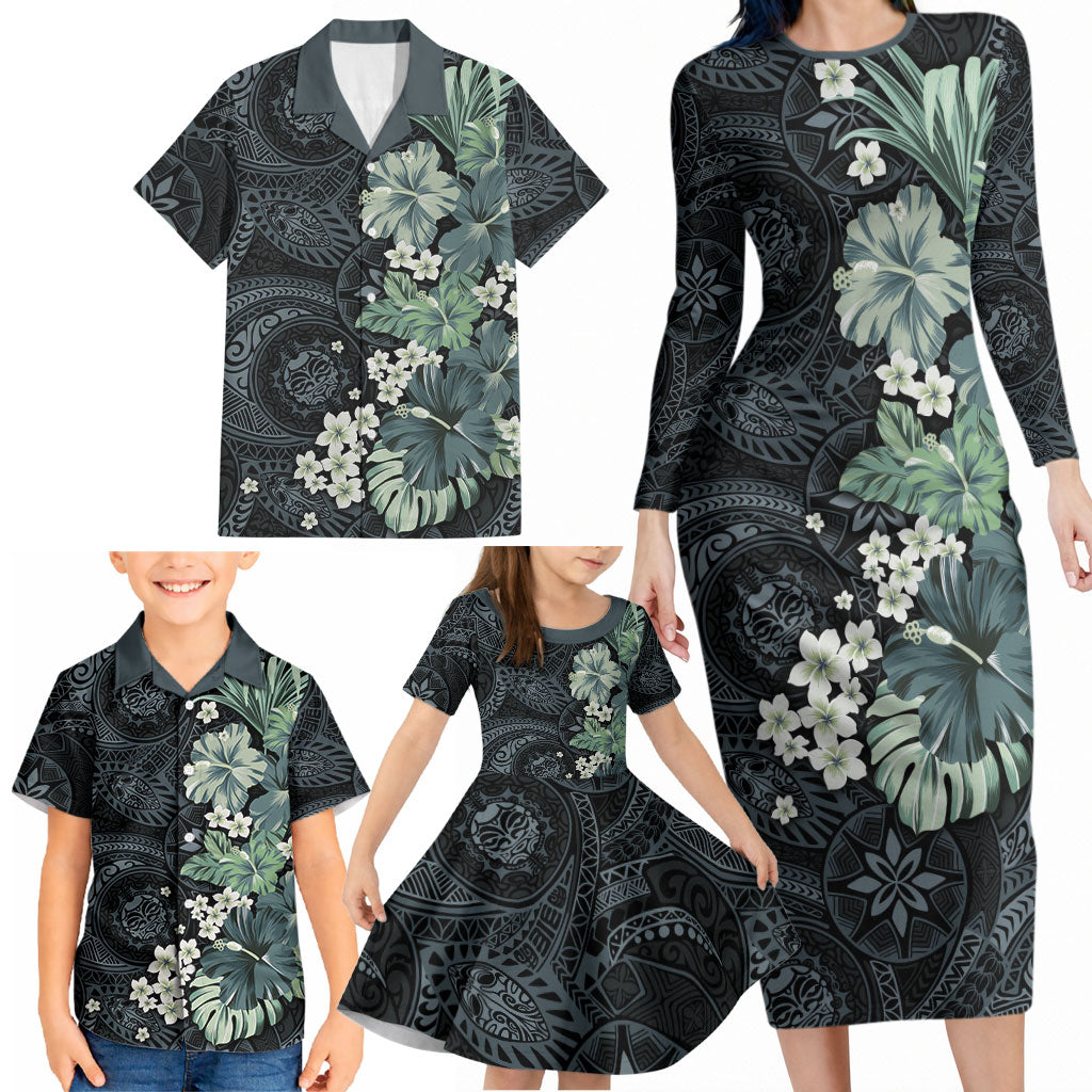 Pauliuli Hawai'i Hibiscus Family Matching Long Sleeve Bodycon Dress and Hawaiian Shirt Polynesian Tribal Tattoo Pattern Floral Elements LT9 - Polynesian Pride