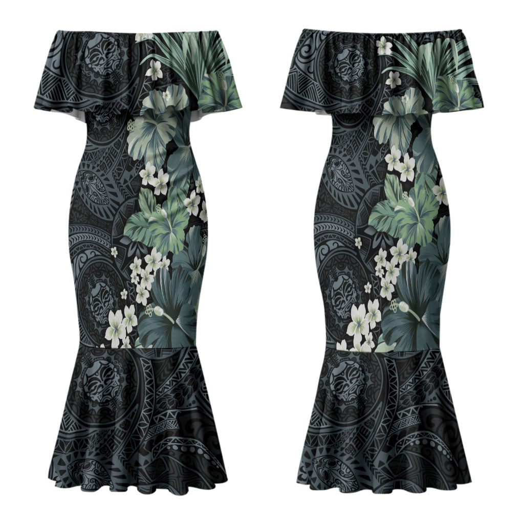 Pauliuli Hawai'i Hibiscus Family Matching Mermaid Dress and Hawaiian Shirt Polynesian Tribal Tattoo Pattern Floral Elements LT9 Mom's Dress Charcoal Blue - Polynesian Pride