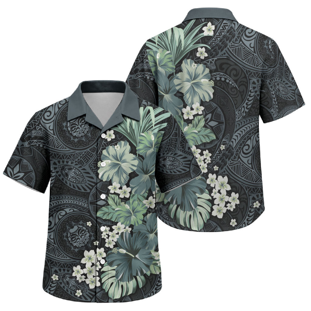 Pauliuli Hawai'i Hibiscus Family Matching Mermaid Dress and Hawaiian Shirt Polynesian Tribal Tattoo Pattern Floral Elements LT9 Son's Shirt Charcoal Blue - Polynesian Pride