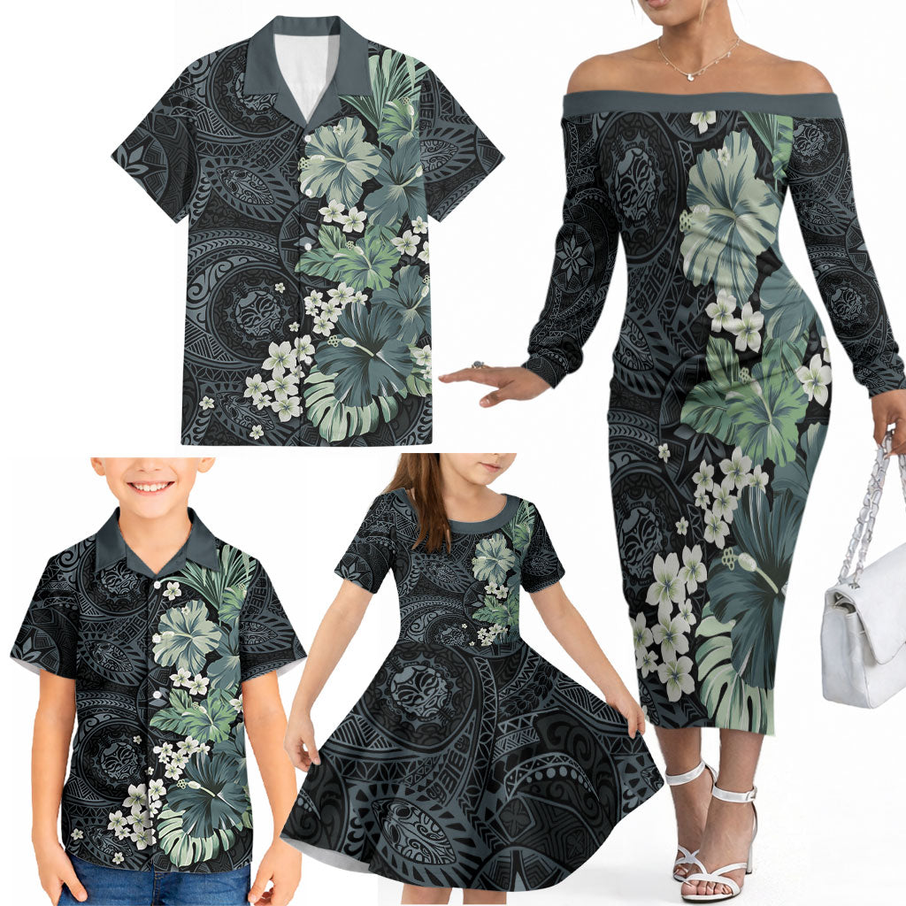 Pauliuli Hawai'i Hibiscus Family Matching Off The Shoulder Long Sleeve Dress and Hawaiian Shirt Polynesian Tribal Tattoo Pattern Floral Elements LT9 - Polynesian Pride