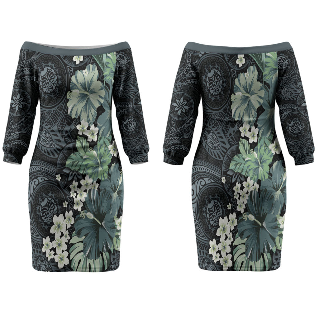 Pauliuli Hawai'i Hibiscus Family Matching Off The Shoulder Long Sleeve Dress and Hawaiian Shirt Polynesian Tribal Tattoo Pattern Floral Elements LT9 Mom's Dress Charcoal Blue - Polynesian Pride