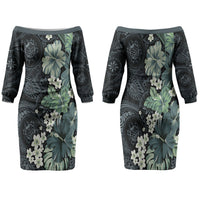 Pauliuli Hawai'i Hibiscus Family Matching Off The Shoulder Long Sleeve Dress and Hawaiian Shirt Polynesian Tribal Tattoo Pattern Floral Elements LT9 Mom's Dress Charcoal Blue - Polynesian Pride