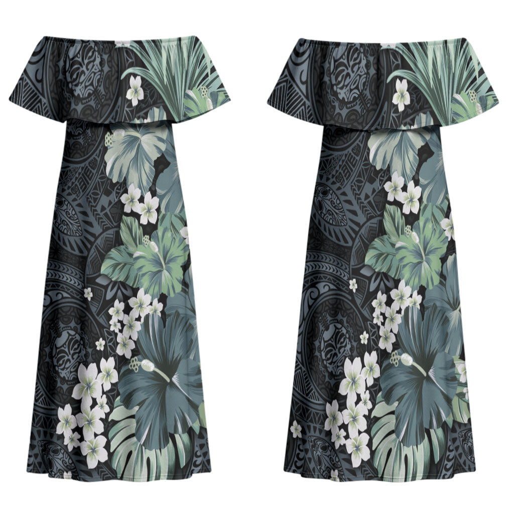 Pauliuli Hawai'i Hibiscus Family Matching Off Shoulder Maxi Dress and Hawaiian Shirt Polynesian Tribal Tattoo Pattern Floral Elements LT9 Mom's Dress Charcoal Blue - Polynesian Pride