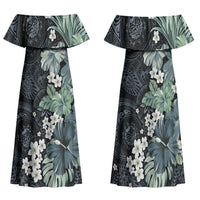 Pauliuli Hawai'i Hibiscus Family Matching Off Shoulder Maxi Dress and Hawaiian Shirt Polynesian Tribal Tattoo Pattern Floral Elements LT9 Mom's Dress Charcoal Blue - Polynesian Pride
