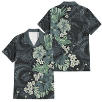 Pauliuli Hawai'i Hibiscus Family Matching Off Shoulder Maxi Dress and Hawaiian Shirt Polynesian Tribal Tattoo Pattern Floral Elements LT9 Dad's Shirt - Short Sleeve Charcoal Blue - Polynesian Pride
