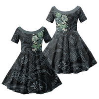 Pauliuli Hawai'i Hibiscus Family Matching Puletasi and Hawaiian Shirt Polynesian Tribal Tattoo Pattern Floral Elements LT9 Daughter's Dress Charcoal Blue - Polynesian Pride