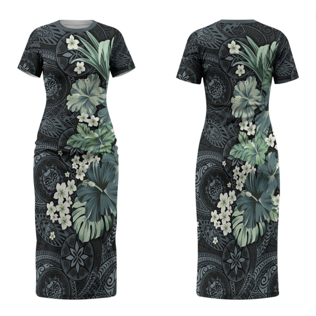 Pauliuli Hawai'i Hibiscus Family Matching Short Sleeve Bodycon Dress and Hawaiian Shirt Polynesian Tribal Tattoo Pattern Floral Elements LT9 Mom's Dress Charcoal Blue - Polynesian Pride