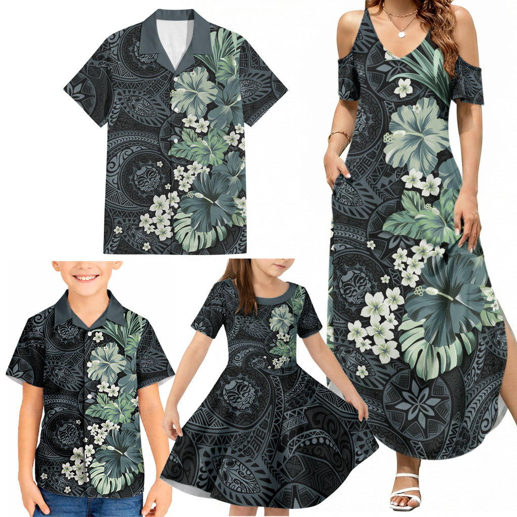 Pauliuli Hawai'i Hibiscus Family Matching Summer Maxi Dress and Hawaiian Shirt Polynesian Tribal Tattoo Pattern Floral Elements LT9 - Polynesian Pride