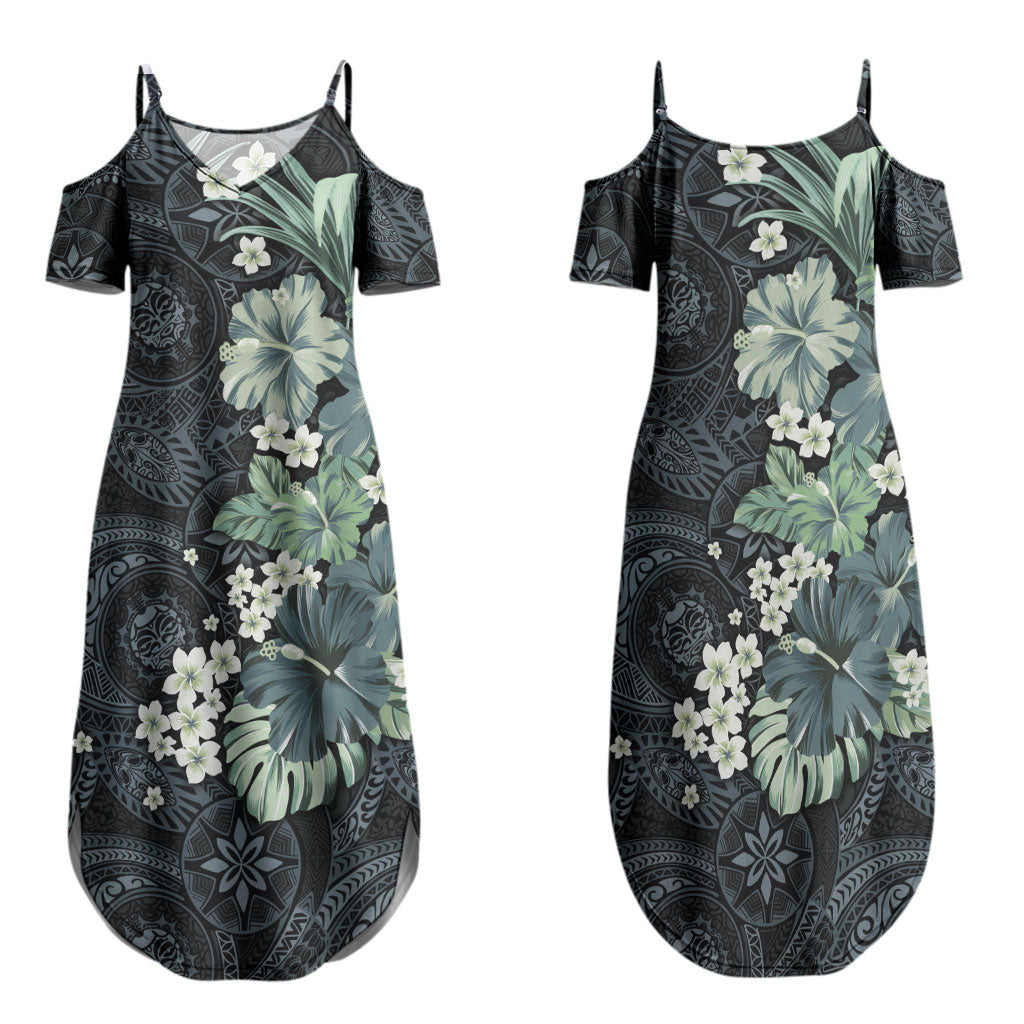 Pauliuli Hawai'i Hibiscus Family Matching Summer Maxi Dress and Hawaiian Shirt Polynesian Tribal Tattoo Pattern Floral Elements LT9 Mom's Dress Charcoal Blue - Polynesian Pride