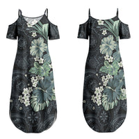 Pauliuli Hawai'i Hibiscus Family Matching Summer Maxi Dress and Hawaiian Shirt Polynesian Tribal Tattoo Pattern Floral Elements LT9 Mom's Dress Charcoal Blue - Polynesian Pride