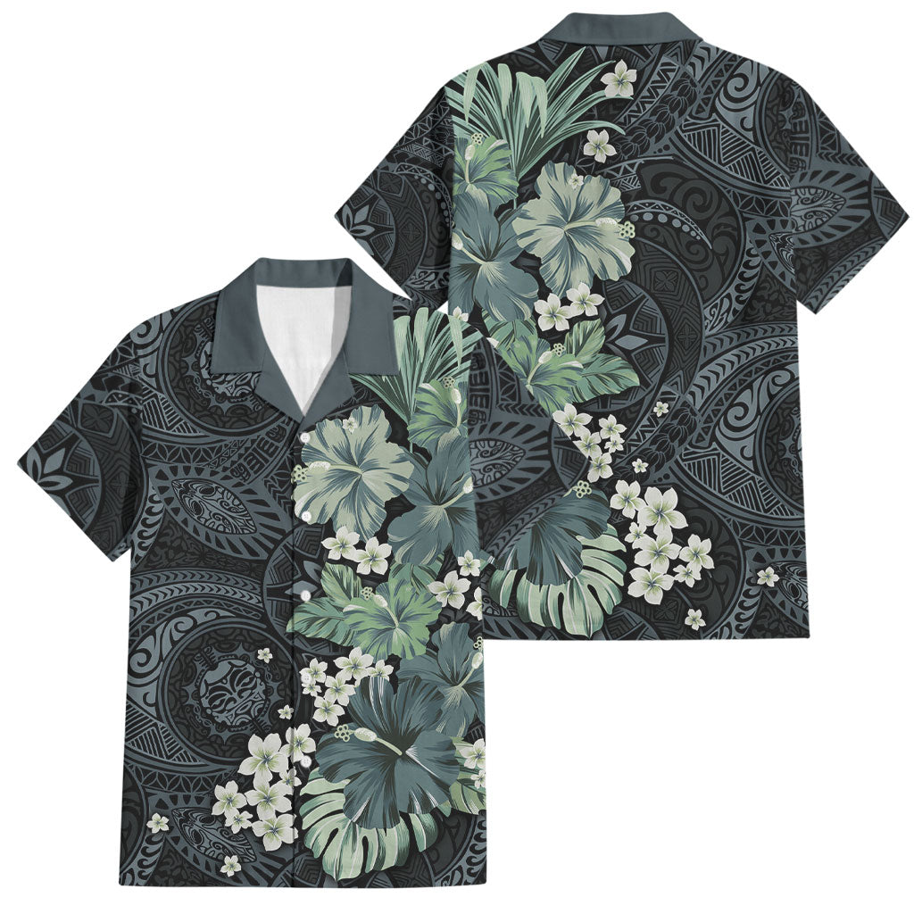 Pauliuli Hawai'i Hibiscus Family Matching Summer Maxi Dress and Hawaiian Shirt Polynesian Tribal Tattoo Pattern Floral Elements LT9 Dad's Shirt - Short Sleeve Charcoal Blue - Polynesian Pride