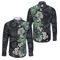 Pauliuli Hawai'i Hibiscus Family Matching Summer Maxi Dress and Hawaiian Shirt Polynesian Tribal Tattoo Pattern Floral Elements LT9 Dad's Shirt - Long Sleeve Charcoal Blue - Polynesian Pride