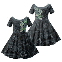 Pauliuli Hawai'i Hibiscus Family Matching Summer Maxi Dress and Hawaiian Shirt Polynesian Tribal Tattoo Pattern Floral Elements LT9 Daughter's Dress Charcoal Blue - Polynesian Pride