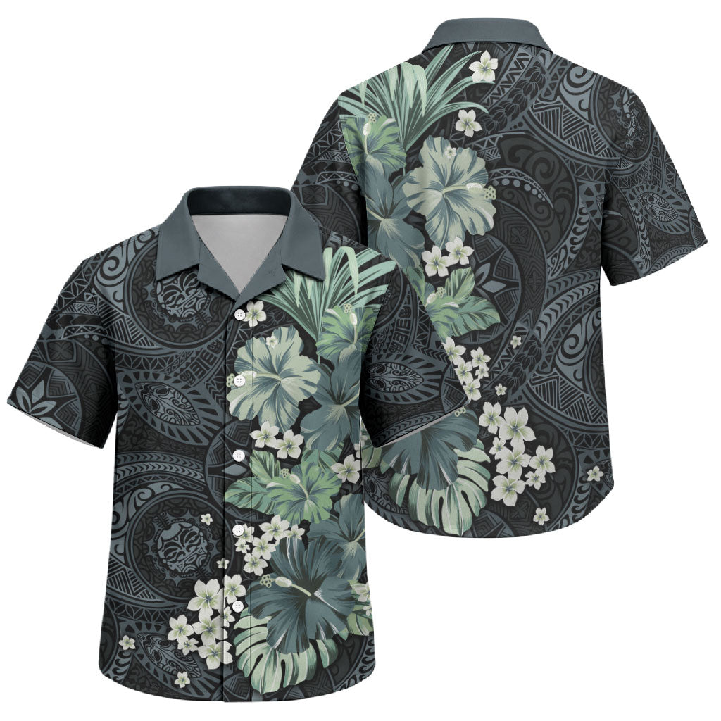 Pauliuli Hawai'i Hibiscus Family Matching Summer Maxi Dress and Hawaiian Shirt Polynesian Tribal Tattoo Pattern Floral Elements LT9 Son's Shirt Charcoal Blue - Polynesian Pride