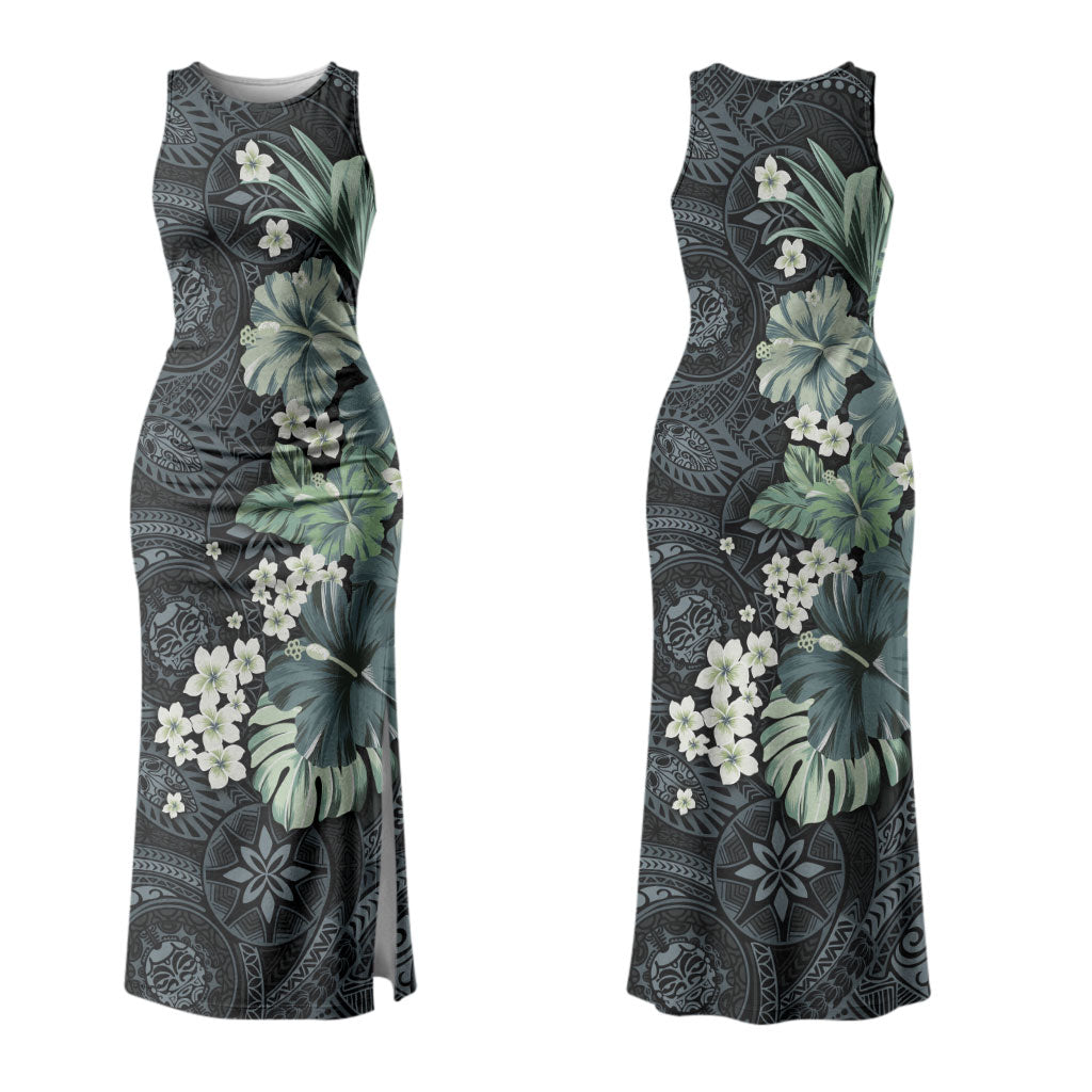 Pauliuli Hawai'i Hibiscus Family Matching Tank Maxi Dress and Hawaiian Shirt Polynesian Tribal Tattoo Pattern Floral Elements LT9 Mom's Dress Charcoal Blue - Polynesian Pride