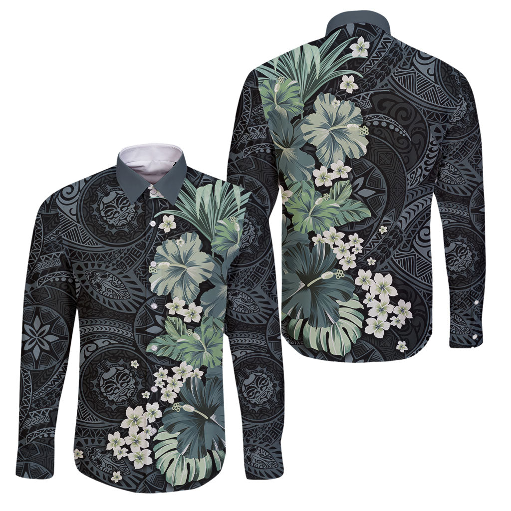 Pauliuli Hawai'i Hibiscus Family Matching Tank Maxi Dress and Hawaiian Shirt Polynesian Tribal Tattoo Pattern Floral Elements LT9 Dad's Shirt - Long Sleeve Charcoal Blue - Polynesian Pride