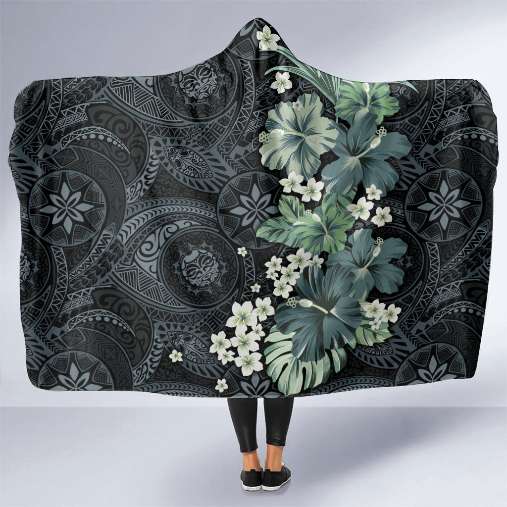 Pauliuli Hawai'i Hibiscus Hooded Blanket Polynesian Tribal Tattoo Pattern Floral Elements LT9 One Size Charcoal Blue - Polynesian Pride