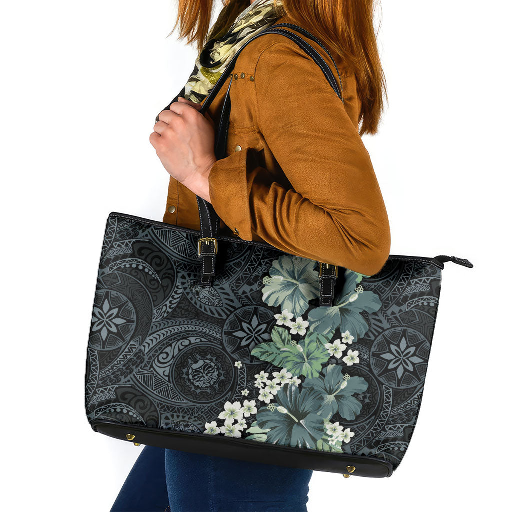 Pauliuli Hawai'i Hibiscus Leather Tote Bag Polynesian Tribal Tattoo Pattern Floral Elements