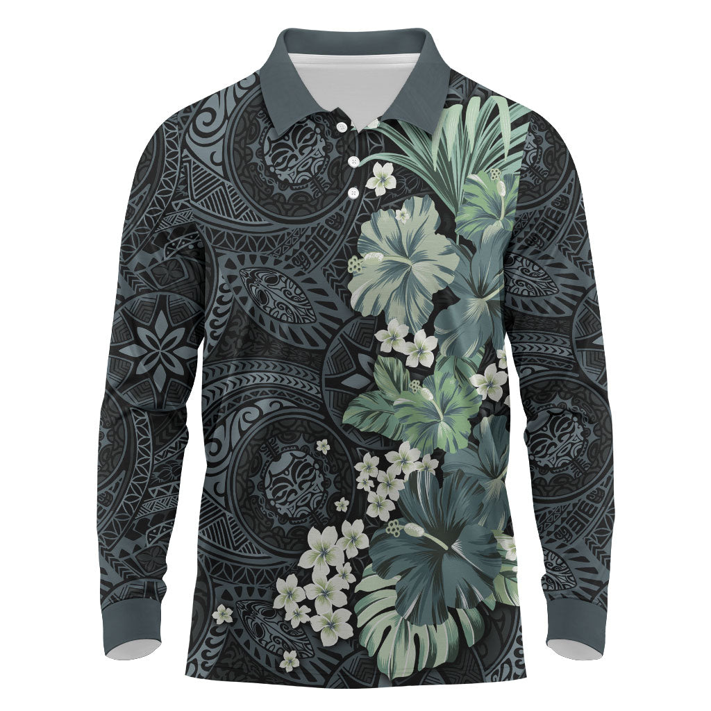 Pauliuli Hawai'i Hibiscus Long Sleeve Polo Shirt Polynesian Tribal Tattoo Pattern Floral Elements