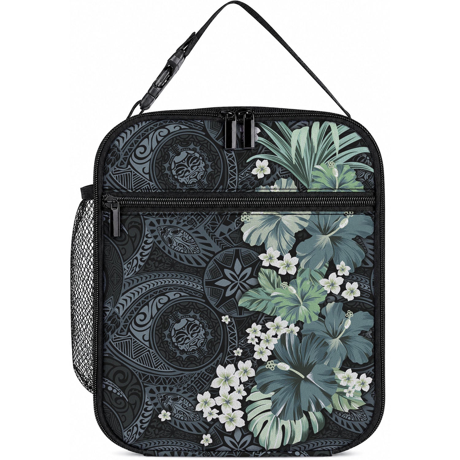 Pauliuli Hawai'i Hibiscus Lunch Bag Polynesian Tribal Tattoo Pattern Floral Elements LT9 10.2 × 8.3 × 4.3 inch Charcoal Blue - Polynesian Pride