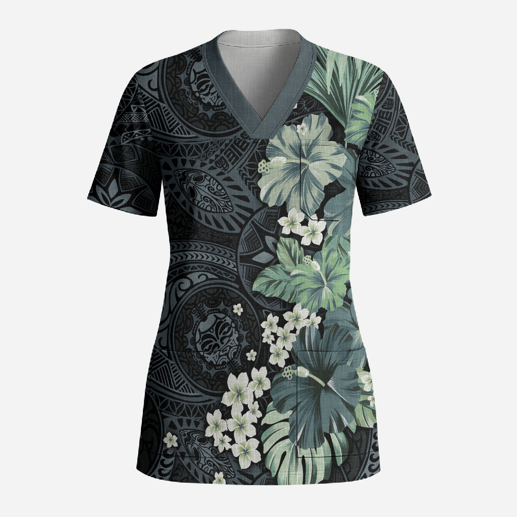 Pauliuli Hawai'i Hibiscus Scrub Top Polynesian Tribal Tattoo Pattern Floral Elements LT9 Adult Charcoal Blue - Polynesian Pride