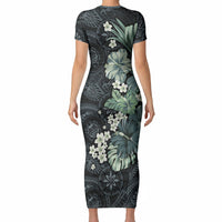 Pauliuli Hawai'i Hibiscus Short Sleeve Bodycon Dress Polynesian Tribal Tattoo Pattern Floral Elements