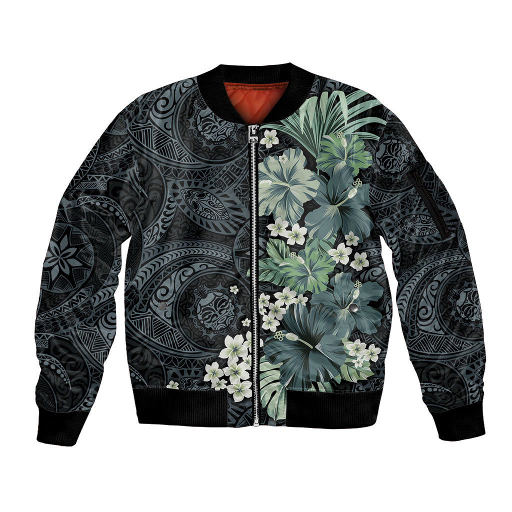 Pauliuli Hawai'i Hibiscus Sleeve Zip Bomber Jacket Polynesian Tribal Tattoo Pattern Floral Elements