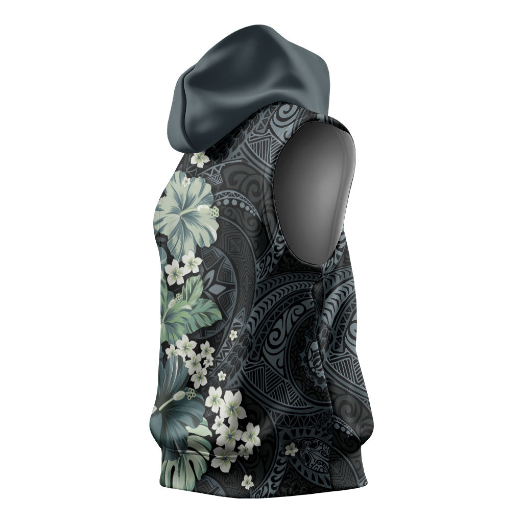 Pauliuli Hawai'i Hibiscus Sleeveless Hoodie Polynesian Tribal Tattoo Pattern Floral Elements