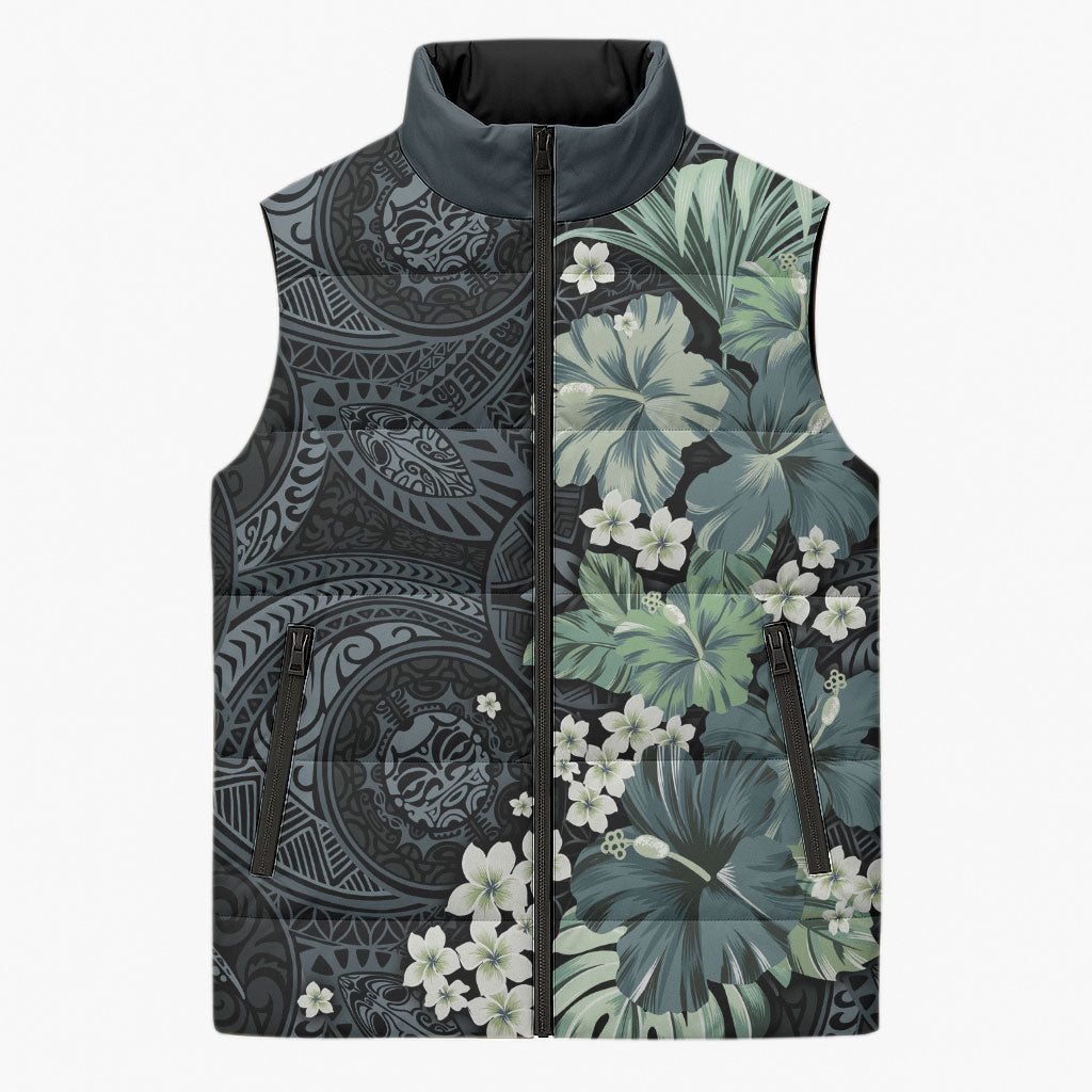 Pauliuli Hawai'i Hibiscus Sleeveless Puffer Jacket Polynesian Tribal Tattoo Pattern Floral Elements LT9 Unisex Charcoal Blue - Polynesian Pride