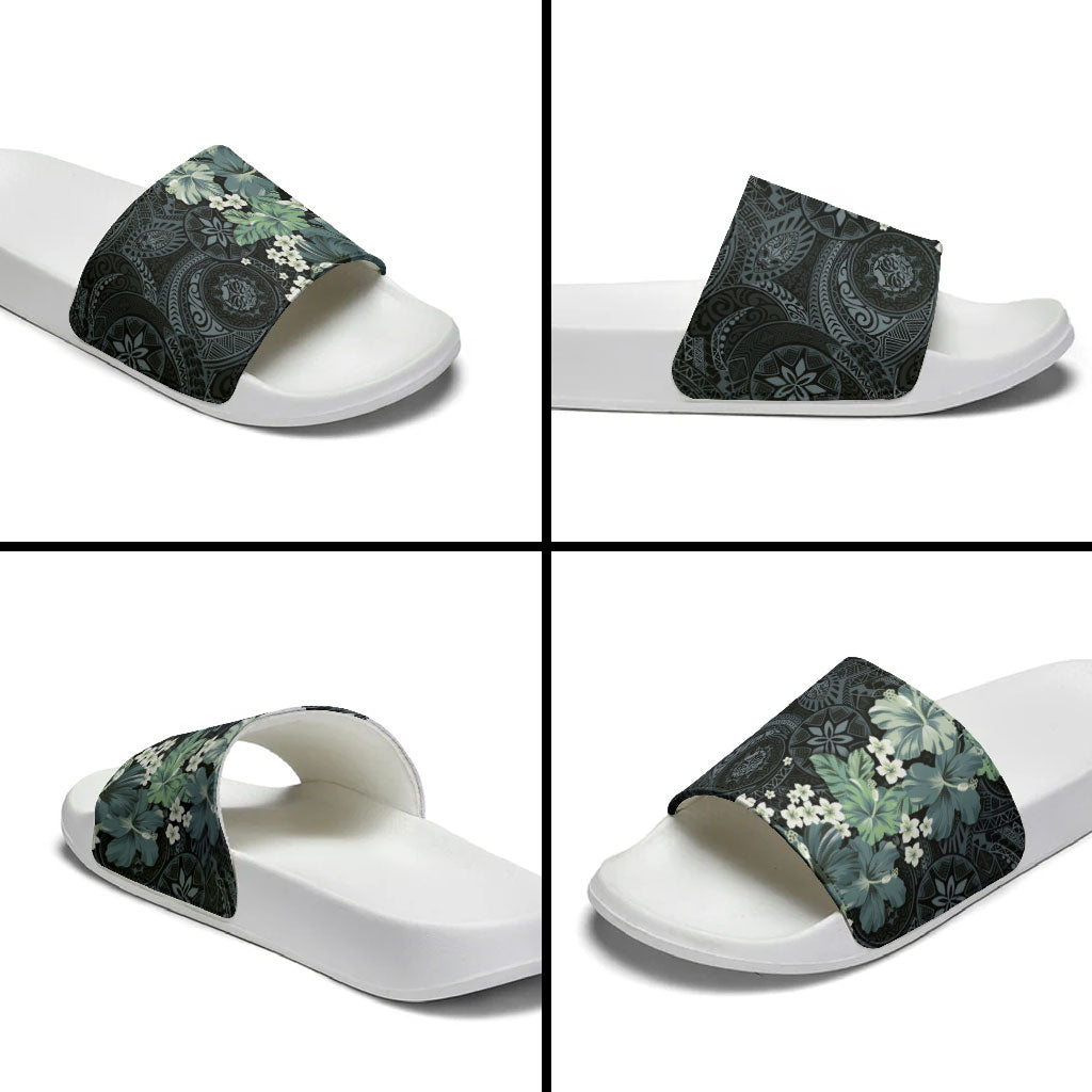 Pauliuli Hawai'i Hibiscus Slide Sandals Polynesian Tribal Tattoo Pattern Floral Elements