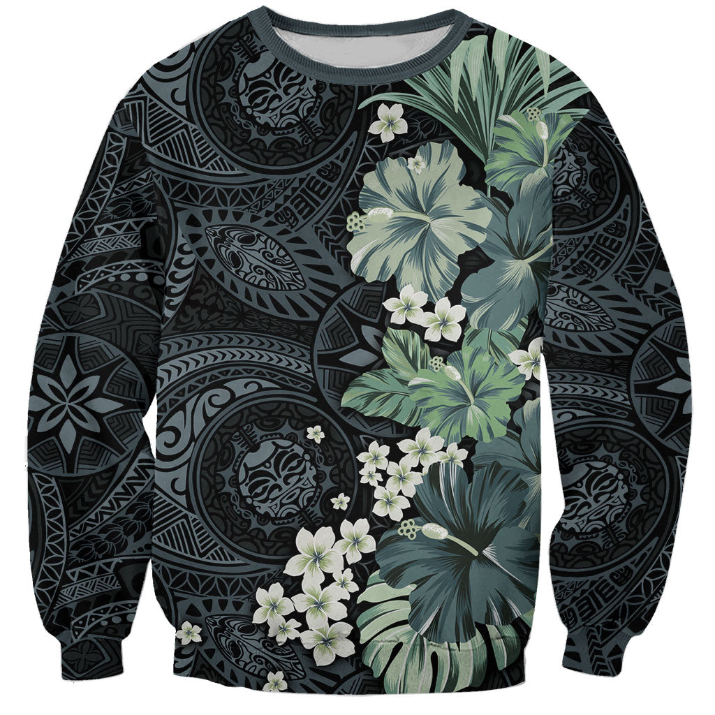 Pauliuli Hawai'i Hibiscus Sweatshirt Polynesian Tribal Tattoo Pattern Floral Elements LT9 Unisex Charcoal Blue - Polynesian Pride