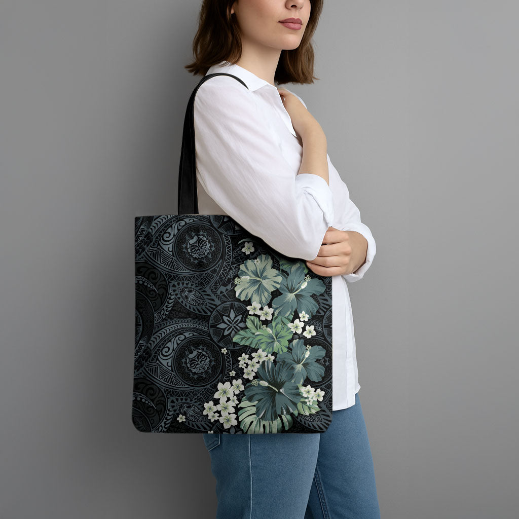 Pauliuli Hawai'i Hibiscus Tote Bag Polynesian Tribal Tattoo Pattern Floral Elements LT9 - Polynesian Pride