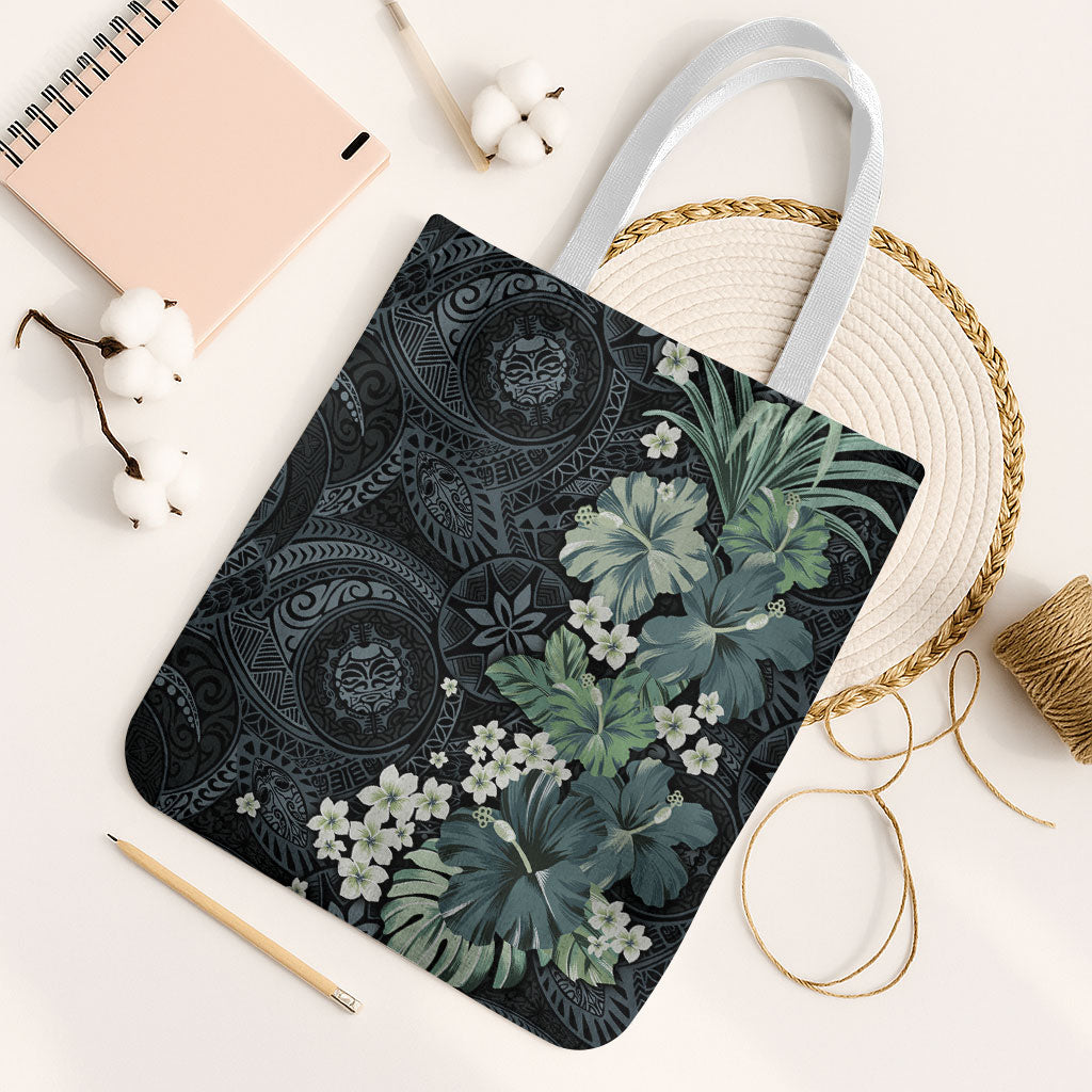 Pauliuli Hawai'i Hibiscus Tote Bag Polynesian Tribal Tattoo Pattern Floral Elements LT9 White Strap One Size Charcoal Blue - Polynesian Pride