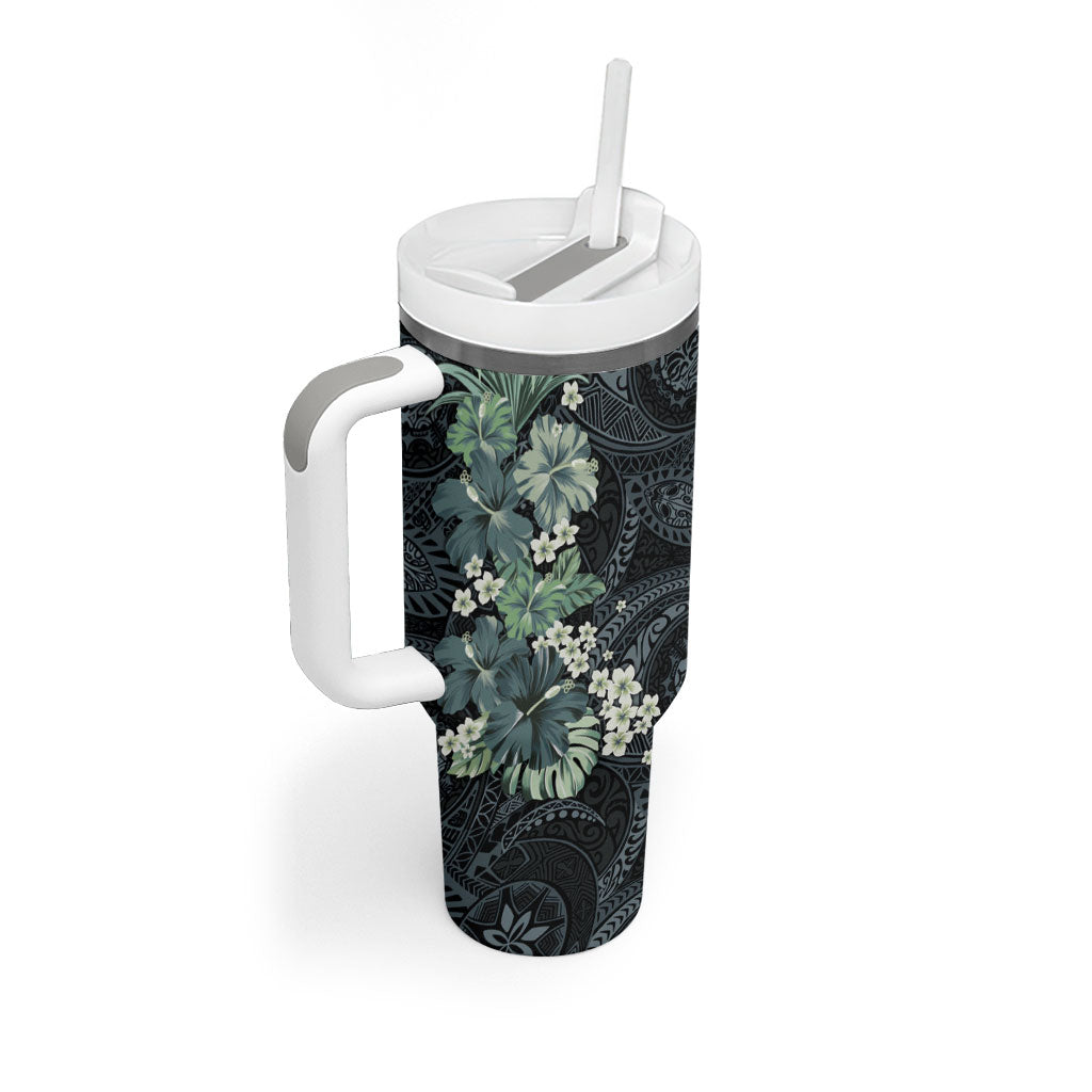 Pauliuli Hawai'i Hibiscus Tumbler With Handle Polynesian Tribal Tattoo Pattern Floral Elements